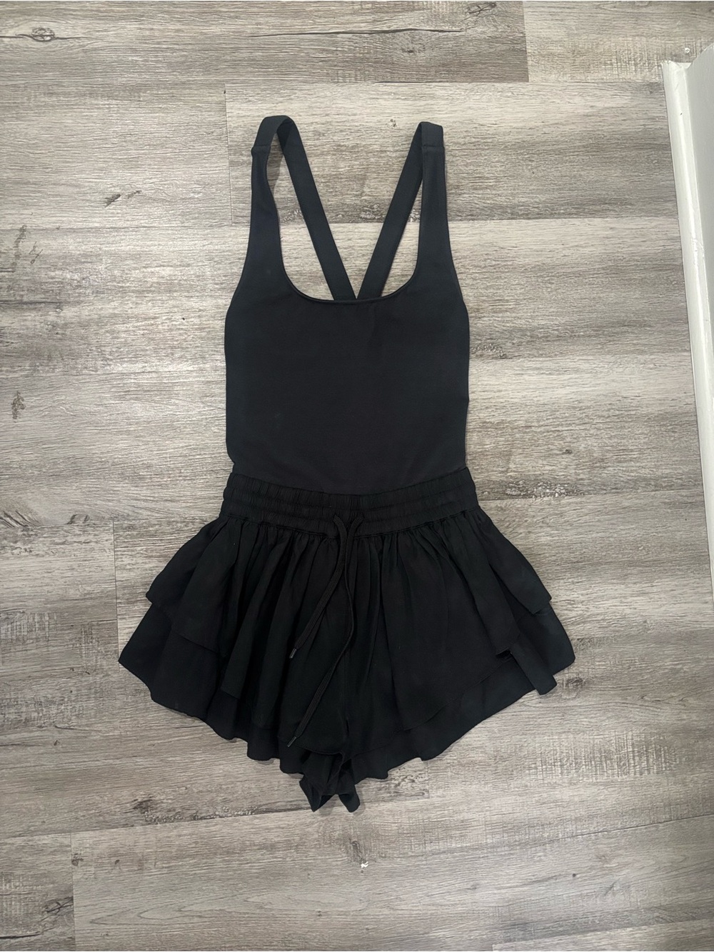 FP Movement by Free People Black Ruffled Tank Romper